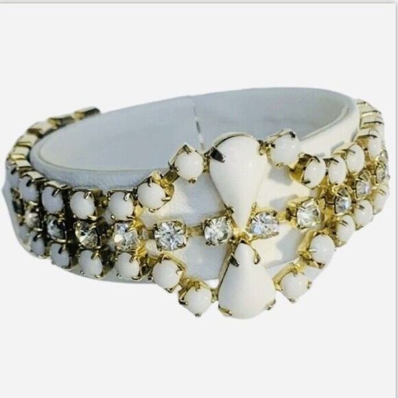 Vintage White Faceted Prong Beaded Shimmer Rhinestone Gold Tone Bracelet 7.5 - Picture 1 of 9